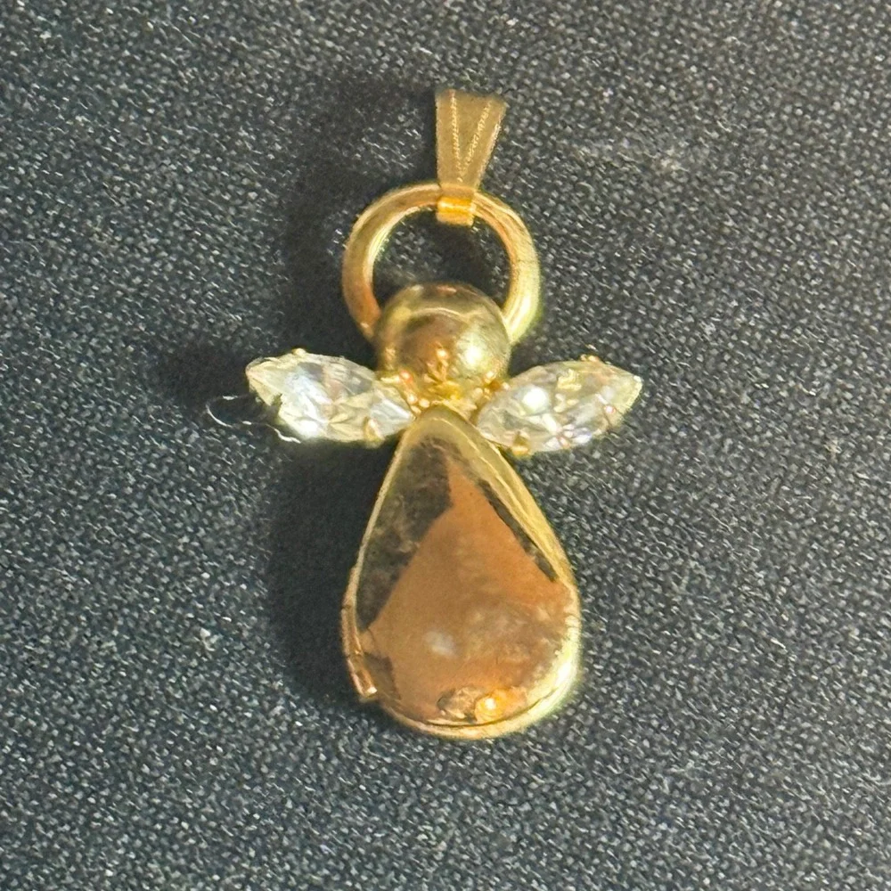 Vintage Gold Tone Angel‎ Locket Pendant Rhinestone Wings Guardian Angel Charm